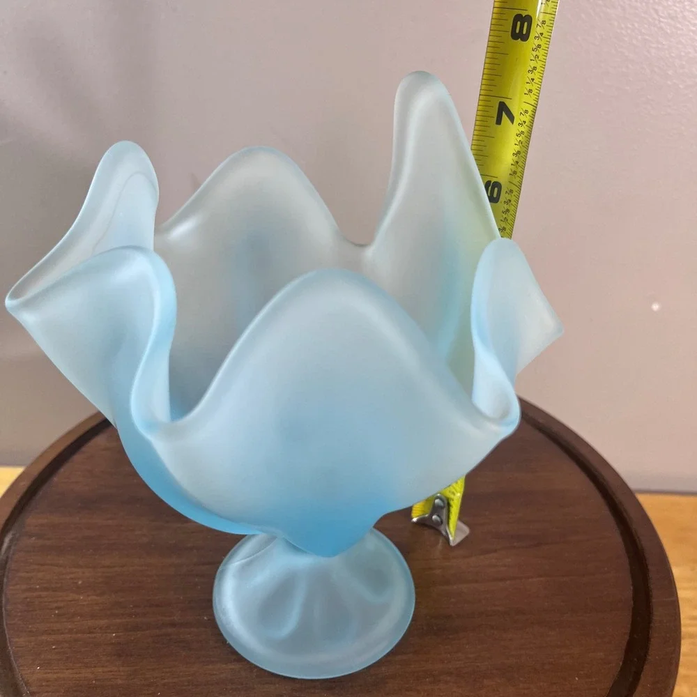 Viking Glass Satin Spring Blue Handkerchief Vase Vtg Blue Frosted 7.5